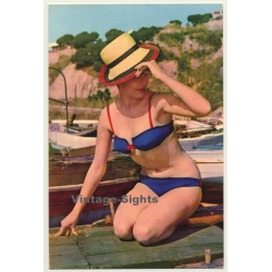 Pinup Girl On Boat Deck / Bikini - Sun Hat (Vintage PC Raker ~1960s)