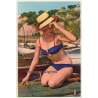 Pinup Girl On Boat Deck / Bikini - Sun Hat (Vintage PC Raker ~1960s)