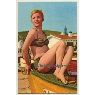 Shorhaired Pinup Girl On Dinghy / Bikini (Vintage PC Raker ~1960s)