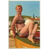 Shorhaired Pinup Girl On Dinghy / Bikini (Vintage PC Raker ~1960s)
