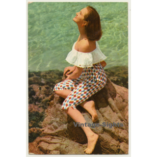 Brunette Pinup Girl On Rocks / Knickerbockers (Vintage PC Raker ~1960s)