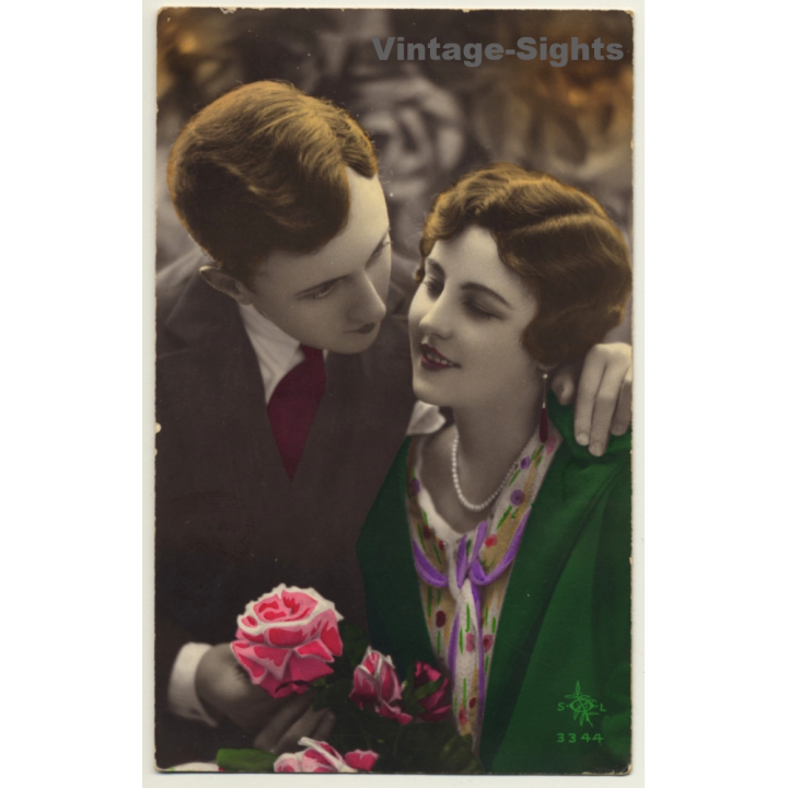 SOL 3344 / Belle Epoque: Couple In Love / Rose (Vintage Hand Tinted RPPC 1928)