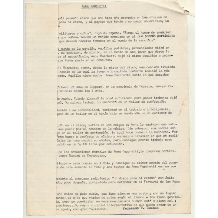 Anna Marchetti / Italian Singer (Vintage Press Photo & Info ~1960s)