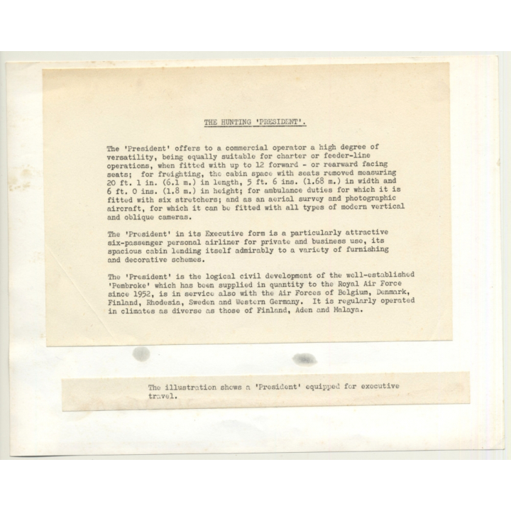 Percival Pembroke P.66 Hunting President / Cabin - Aviation (Vintage Press Photo ~1960s)