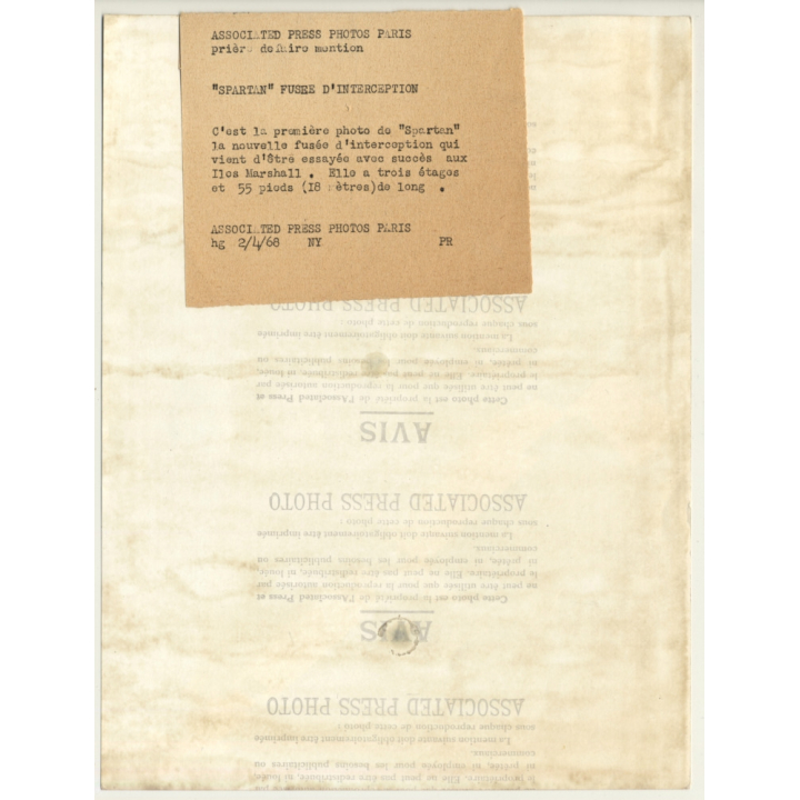 LIM-49 Spartan Anti-Ballistic Missile / US Army (Vintage Press Photo 1968)