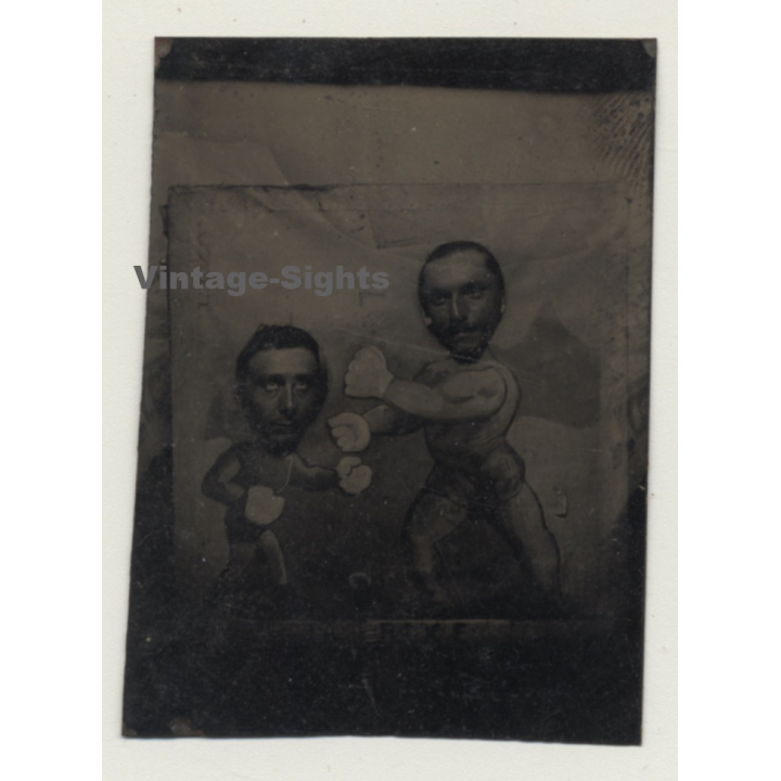 2 Funny Boxers / Arcade Comic Tintype (Vintage Ferrotype Photo ~1900s)
