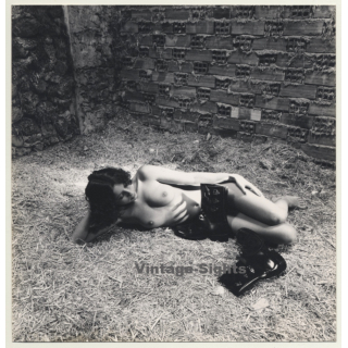 Pretty Brunette Nude Lingers On Hay / Military Boots - Barn (Vintage Photo Spain ~1970s/1980s)