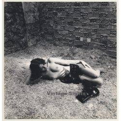 Pretty Brunette Nude Lingers On Hay / Military Boots - Barn (Vintage Photo Spain ~1970s/1980s)