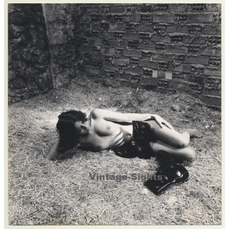 Pretty Brunette Nude Lingers On Hay / Military Boots - Barn (Vintage Photo Spain ~1970s/1980s)