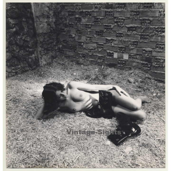 Pretty Brunette Nude Lingers On Hay / Military Boots - Barn (Vintage Photo Spain ~1970s/1980s)