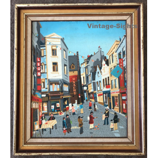 Belgian City Scene / Naive Oil Painting - Signed Frey? ~1960s/1970s