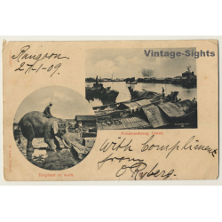 Rangoon / Burma: Elephant At Work - Poozoondoung Creek (Vintage PC 1909)