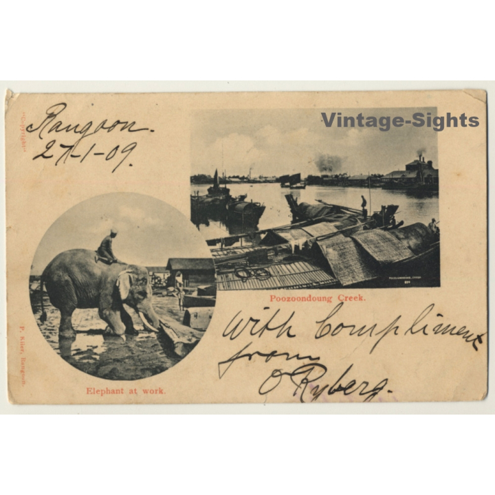 Rangoon / Burma: Elephant At Work - Poozoondoung Creek (Vintage PC 1909)