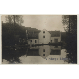 Unidentified Belgian Grange / Reflection In Lake (Vintage RPPC ~1910s/1920s)