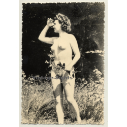 Nude Female With Flowers Outdoors / Nudism (Vintage PC ~1950s)