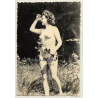Nude Female With Flowers Outdoors / Nudism (Vintage PC ~1950s)
