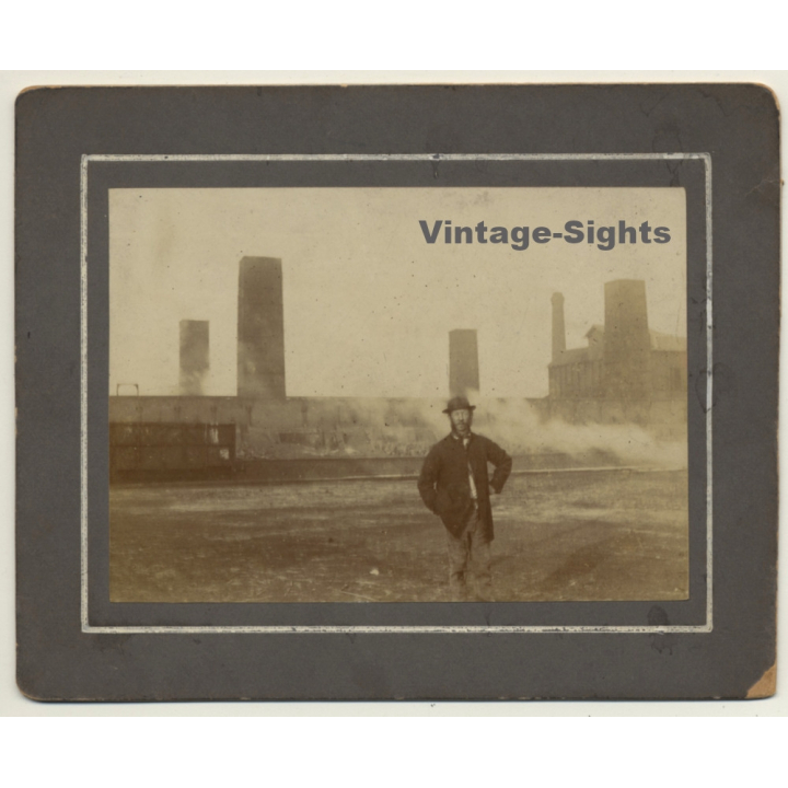 Great Shot: Man In Front Of Large Factory / Smoke (Vintage Photo ~1900s)