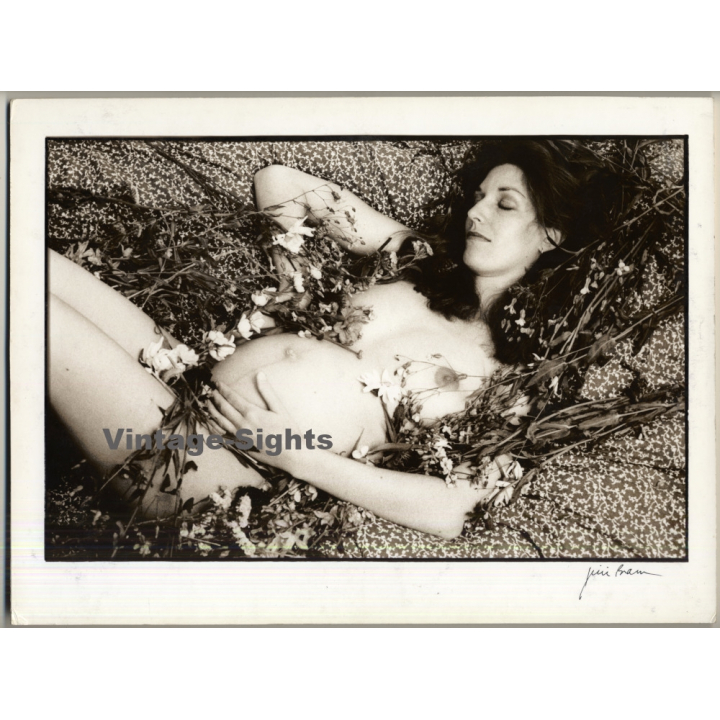 Jerri Bram (1942): Nude Study Of Pregnant Woman Covered In Flowers (Signed Vintage Photo ~1970s)