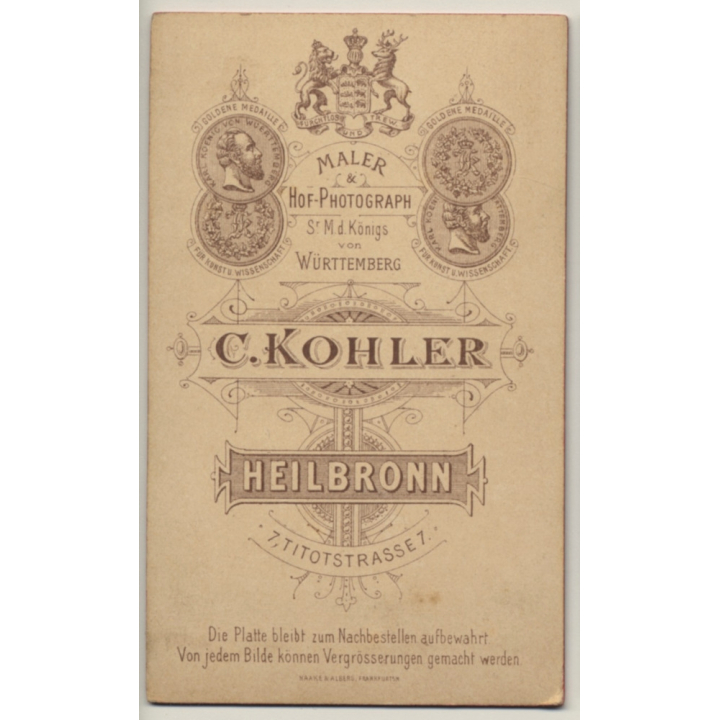 C. Kohler / Heilbronn: Young Woman / Victorian Dress (Vintage CDV / Carte De Visite ~1880s/1890s)