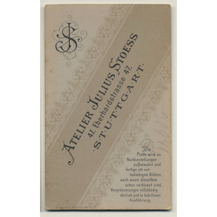 Julius Stoess / Stuttgart: Young Woman In Victorian Dress / Hat (Vintage CDV / Carte De Visite ~1880s/1890s)