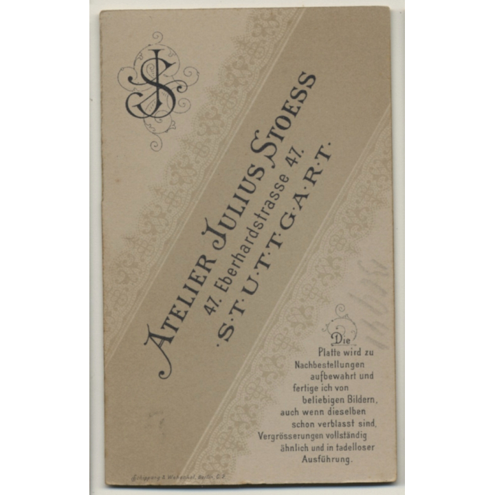 Julius Stoess / Stuttgart: Young Woman In Victorian Dress*2 / Hat (Vintage CDV / Carte De Visite ~1880s/1890s)