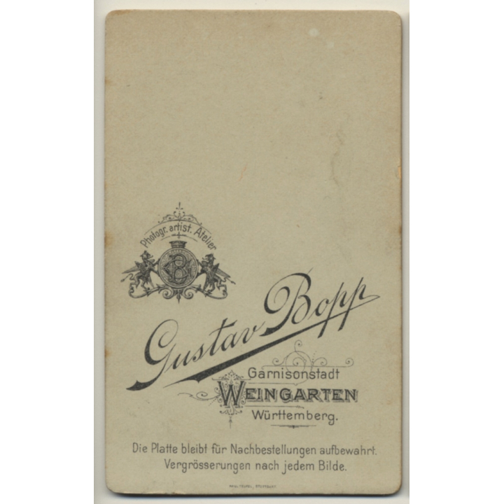 G. Bopp / Weingarten: Young Soldier / Moustache - Uniform (Vintage CDV / Carte De Visite ~1880s/1890s)