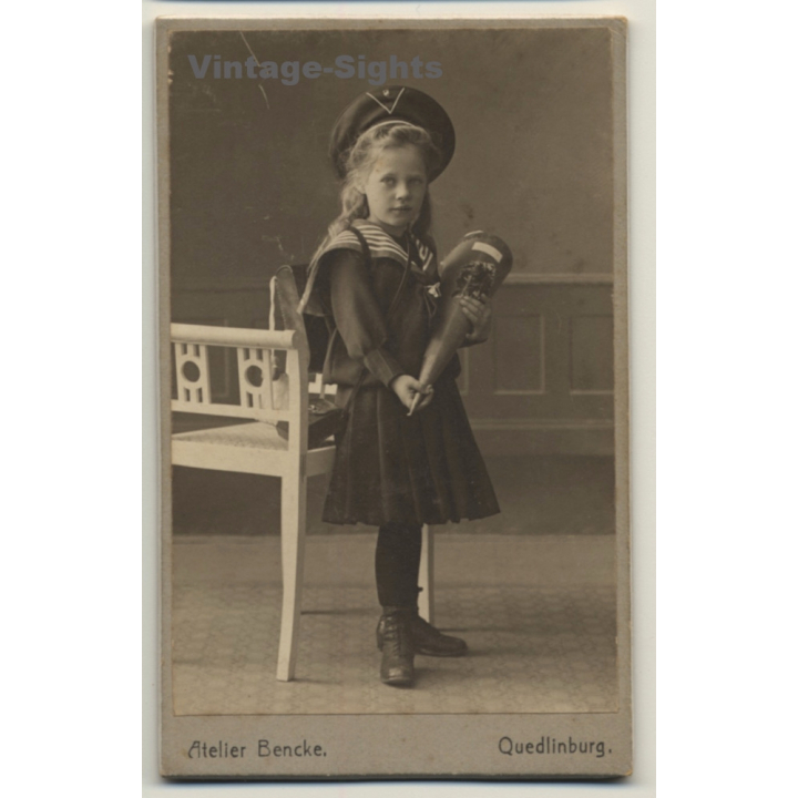 Atelier Bencke / Quedlinburg: Mädchen - Einschulung - Schultüte (Vintage CDV / Carte De Visite ~1910s)