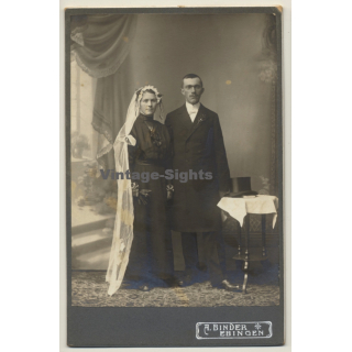 A.Binder / Ebingen: Wedding Couple / Top Hat (Vintage Cabinet Card ~1910s/1920s)