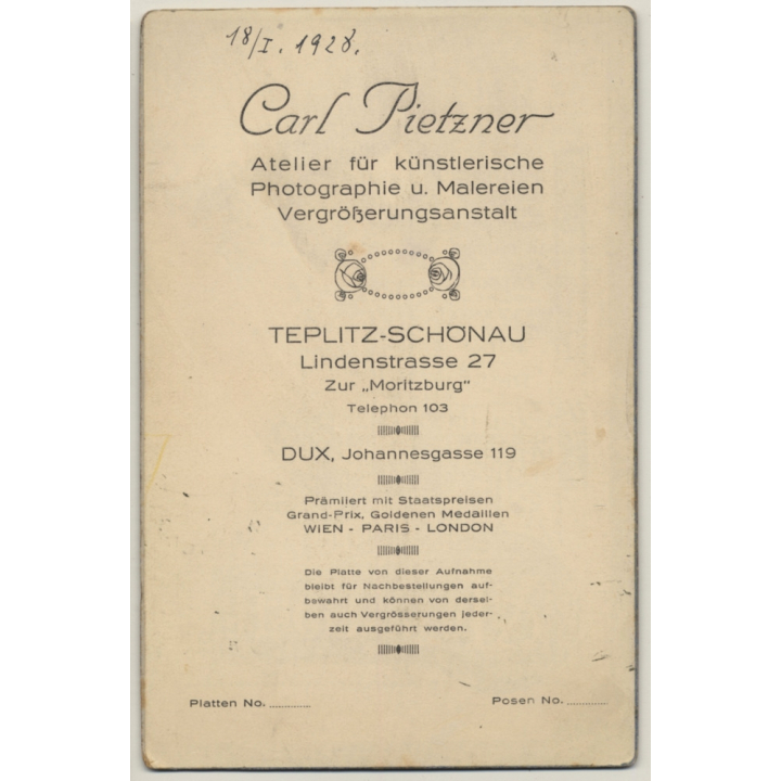 Carl Pietzner / Dux: Wedding Couple / Moustache (Vintage Cabinet Card 1928)