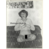 Pretty Brunette Nude *4 / On Couch - Opens Blouse (Vintage Photo GDR ~1970s/1980s)