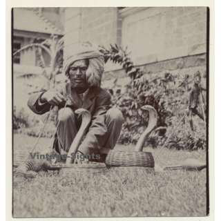 Snake Charmer - 2 Cobras - Puppet - Mongoose (Vintage Photo ~1930s)