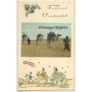 Maghreb: Feliz Pascuas / Camels - Berber (Vintage RPPC Hand Tinted)