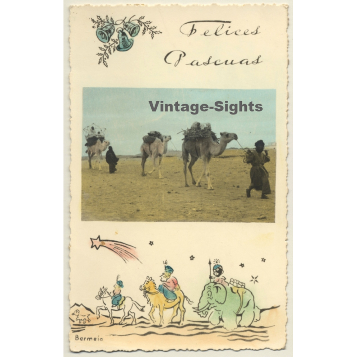 Maghreb: Feliz Pascuas / Camels - Berber (Vintage RPPC Hand Tinted)