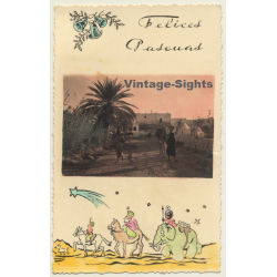 Maghreb: Feliz Pascuas / Camels - Berber - Palm Tree (Vintage RPPC Hand Tinted)