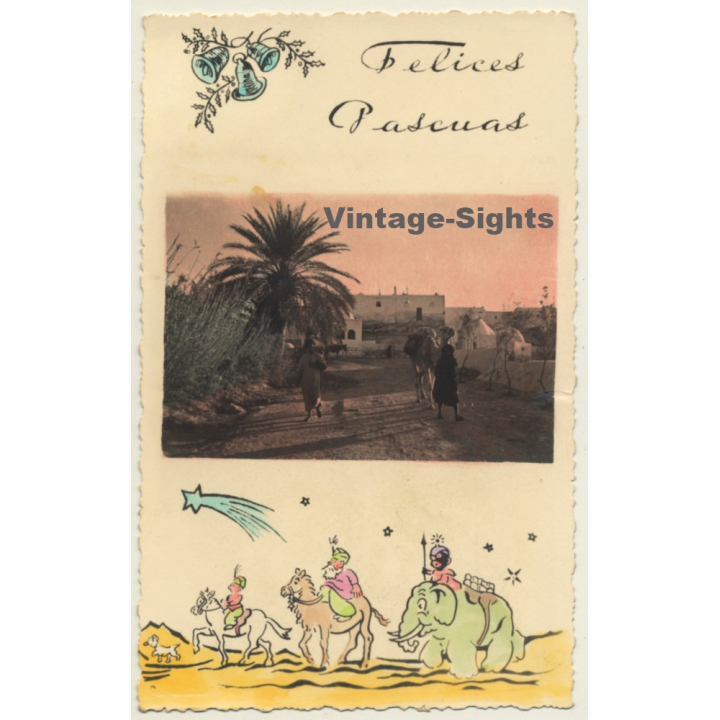 Maghreb: Feliz Pascuas / Camels - Berber - Palm Tree (Vintage RPPC Hand Tinted)