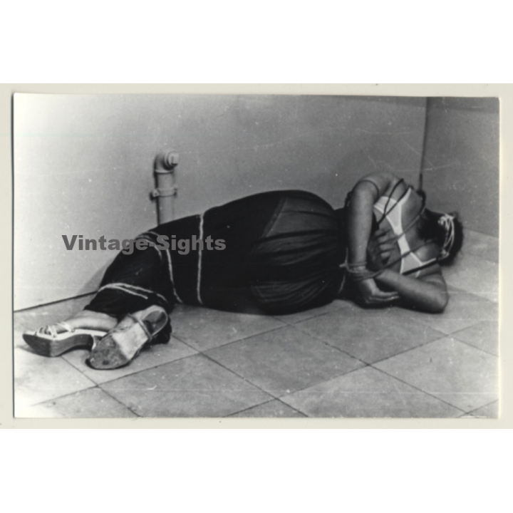 Tied Woman In Black Dress*2 / Rope Bondage - BDSM (2nd Gen. Photo GDR ~ 1960s)