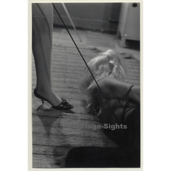 Mistress & Semi Nude Maid On Floor / Wig - Rope Bondage - BDSM (2nd Gen. Photo GDR ~ 1960s)