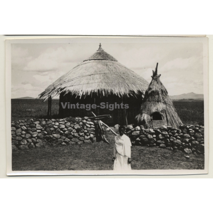 East Africa: Traditional Straw Hut & Indigenous Man (Vintage Photo ~1940s/1950s)
