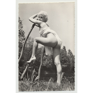 Semi Nude Pinup Leans Against Wooden Fence / High Heels (Vintage Real Photo B/W)