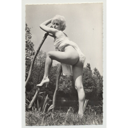 Semi Nude Pinup Leans Against Wooden Fence / High Heels (Vintage Real Photo B/W)