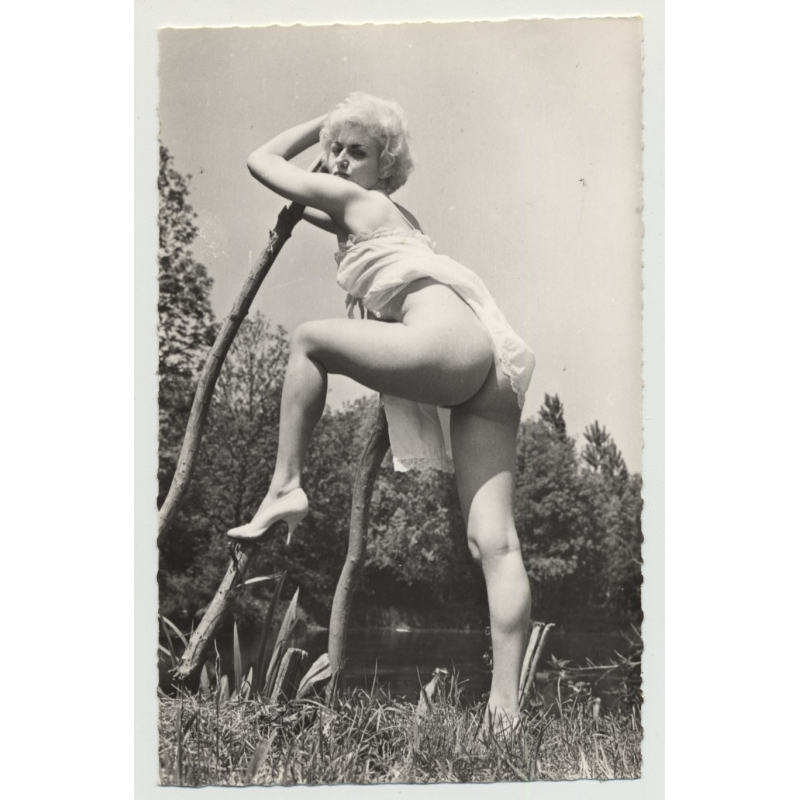 Semi Nude Pinup Leans Against Wooden Fence / High Heels (Vintage Real Photo B/W)