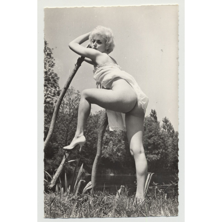 Semi Nude Pinup Leans Against Wooden Fence / High Heels (Vintage Real Photo B/W)
