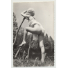 Semi Nude Pinup Leans Against Wooden Fence / High Heels (Vintage Real Photo B/W)