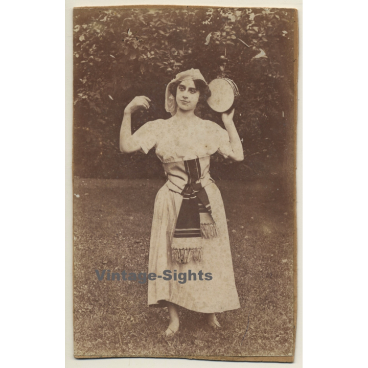 Slim Brunette W. Tambourin / Traditional Costume (Vintage Photo ~1910s)