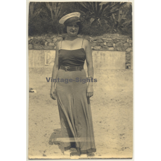 Woman In Elegant Beach Dress / Captain's Hat (Vintage Photo 1932)