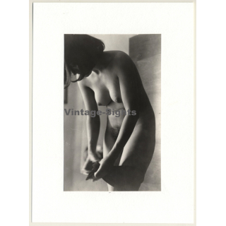 R.Folco: Natural Nude Woman Puts On Stockings (Vintage Photo France 1970s/1980s)