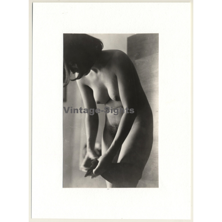 R.Folco: Natural Nude Woman Puts On Stockings (Vintage Photo France 1970s/1980s)