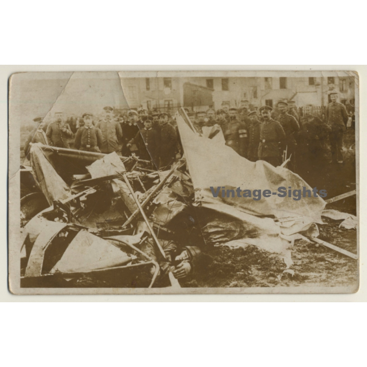 Saint-Vrain? / WW1: Soldiers Near Crashed Plane With Pilot (Vintage RPPC 1916)
