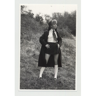 Perky Blonde Female In School Uniform / White Socks - Coat  (Vintage Amateur Photo B/W)