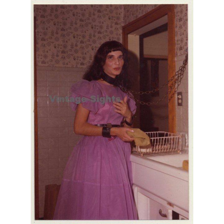 Tied Brunette Maid With Collar Does Dishes / Bondage - BDSM (Vintage Photo USA ~1970s)